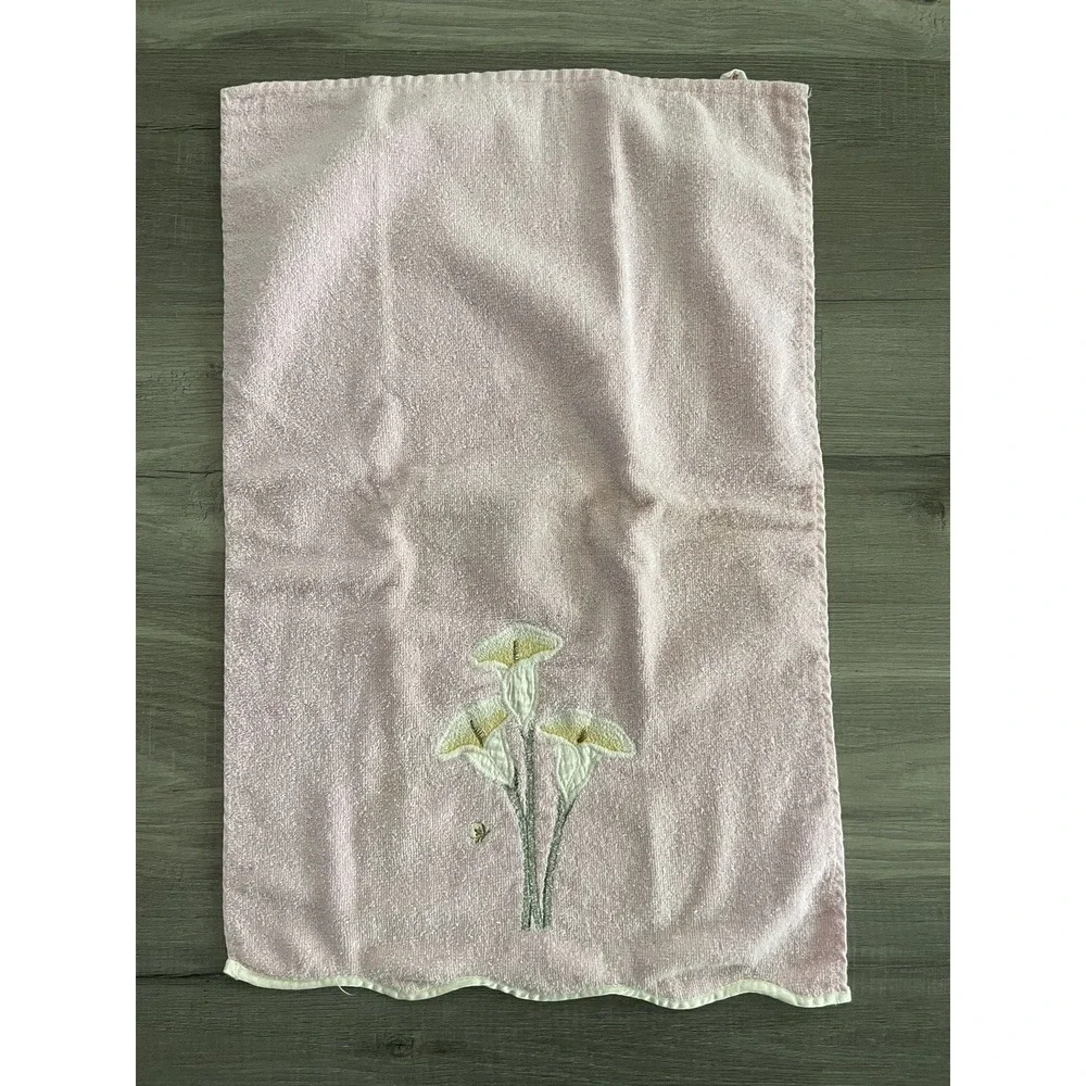 Vintage Cannon 3 Piece Bath Set Pink Applique Lily Bath & Hand Towel Washcloth‎